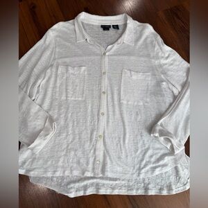 Tahari Women's White 100% Linen Button Down Collared Shirt Sz XL